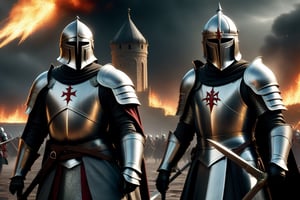 (Two full-length Templar knight: 1.4), with gloves on hands: 1.4), (Realistic human equal: 1.4), low angle bathed in dramatic stormy light, enchanted armor gleaming, reigning victorious amidst the chaos of the battlefield, magic weapons flashing, fallen adversaries scattered, dark sky with impending storm, intense and heroic atmosphere. "Epic", "orchestral", "cinematic", "heroic", and "thrilling" 3D animation, inspired by Two Steps from Hell. (In the background, flashes of fire: 1.4)