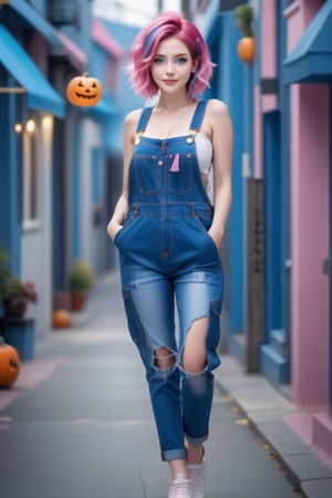  (A woman with pink and blue hair appears standing on the street: 1.4), (she is wearing overalls with beautiful stitching in her pockets, blue denim overalls torn at the knees: 1.2), (The movie camera captures the entire her beauty), (small and short index fingers in golden ratio: 1.4), (beautiful and perfect hands of divine proportion, little index finger: 1.4): (Full body image of a teenager: 1.4), (with hair colors bright pink and blue: 1.4), (pink hair, bright blue: 1.4), Stunning 3D fantasy rendering, smile, (blue eyes: 1.4), (pale white skin: 1.4), (A beautiful young woman dressed to celebrate Halloween , every detail is captured with astonishing realism, the beautiful young woman is the protagonist of a Hollywood movie), (1 teenager: 1.4), (beautiful blue eyes: 1.4), glamorous two-tone hairstyle, forbidden beauty, hyperreal , nice flutter. aesthetic and detailed human. , curly hair, exceptionally beautiful, dating app with icons, high quality and high level of detail, hyper-realistic, sharp focus, natural lighting with subsurface scattering. f/2 aperture, 35mm focal length, film grain. High quality image and great detail, 8k resolution