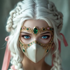 Portrait of a cute vampire girl, very pretty face, white hair with braids, blue eyes. The girl looks at the camera. She is wearing an Art Nouveau vampire mask that covers a large part of her face, the mask covers the girl's face, beautiful mask with golden and emerald parts, wearing a white dress and a pink ribbon in her hair. Image inspired by the movie "Interview with the Vampire".