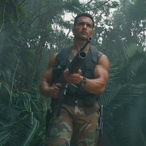 A soldier looking straight ahead in the Colombian jungle, inspired by the movie Predator 1. 8k cinema image.