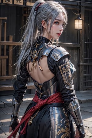 photorealistic, high resolution, soft light,1women, solo, full_body, shining skin, jewelry,kamisato_ayaka, arm guards, armored dress, breastplate, japanese armor, hand fan, fingerless gloves,KAMISATOAYAKADEF, back view