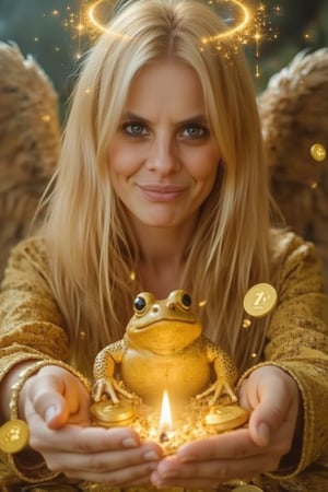 A close-up, sharply focused portrait of a slender, beautiful blonde woman with striking blue eyes, depicted as a powerful mage standing alongside Archangel Michael. Her blue eyes are exceptionally vivid and clear, reflecting the depth and intensity of her magical work. She is smiling with happiness, radiating joy as she performs a ritual with Chan Chu, the golden Chinese money toad. Archangel Michael, with his majestic wings spread wide and a powerful presence, stands beside her, emanating a protective and divine aura. He is clad in radiant armor, holding his sword of light, which adds a sense of strength and guardianship to the scene. The mage is surrounded by elements of prosperity and wealth, with Chan Chu prominently featured in the center of the scene, surrounded by glowing gold coins and mystical symbols. Ethereal halos of gold and rich, radiant light form intricate patterns around her, Archangel Michael, and the toad, enhancing the magical, protective, and prosperous atmosphere. Magical elements include floating coins, shimmering energy flows, and symbols of abundance and good fortune. Her hands are delicately positioned, channeling energy toward Chan Chu, with soft, luminous light and mystical runes emanating from her palms. The background is softly blurred to keep the focus on her, Archangel Michael, and the detailed ritual elements. The image should be rendered in ultra-high resolution (8K or higher) with exceptional detail, capturing the texture of her skin, the clarity of her blue eyes, the divine presence of Archangel Michael, the richness of the golden toad and coins, and the intricate magical elements. Use realistic lighting to emphasize the magical, divine, and prosperous ambiance, ensuring no blurring, pixelation, or artifacts.