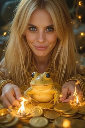 A close-up, sharply focused portrait of a slender, beautiful blonde woman with striking blue eyes, depicted as a powerful mage performing a ritual with Chan Chu, the golden Chinese money toad. Her blue eyes are exceptionally vivid and clear, reflecting the depth and intensity of her magical work. She is smiling with happiness, radiating joy as she oversees the abundance of wealth around her. She is surrounded by elements of prosperity and wealth, with Chan Chu prominently featured in the center of the scene, surrounded by glowing gold coins and mystical symbols. Ethereal halos of gold and rich, radiant light form intricate patterns around her and the toad, enhancing the magical and prosperous atmosphere. Magical elements include floating coins, shimmering energy flows, and symbols of abundance and good fortune. Her hands are delicately positioned, channeling energy toward Chan Chu, with soft, luminous light and mystical runes emanating from her palms. The background is softly blurred to keep the focus on her and the detailed ritual elements. The image should be rendered in ultra-high resolution (8K or higher) with exceptional detail, capturing the texture of her skin, the clarity of her blue eyes, the richness of the golden toad and coins, and the intricate magical elements. Use realistic lighting to emphasize the magical and prosperous ambiance, ensuring no blurring, pixelation, or artifacts.