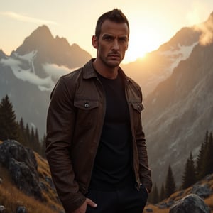 A hyper-realistic, waist-up portrait of Man, exuding confidence, focus, and a sense of adventure. The subject is dressed in a weathered, dark brown leather jacket over a fitted black t-shirt, highlighting a muscular and athletic build. The background features a rugged mountain range at dawn, with mist rolling off the peaks and the rising sun casting warm, golden light across the landscape. The lighting is soft yet dramatic, accentuating the subject’s strong facial features and physique. Shot with an 85mm lens at f/1.4, the subject’s piercing eyes are in perfect focus, while the majestic mountain backdrop is slightly blurred to create depth.

A subtle, glowing aura surrounds the subject, blending with the morning light to suggest resilience and determination. Faint, ethereal symbols can be seen in the distant mist, hinting at an ancient, untold power. The overall image conveys strength, adventure, and a sense of untamed energy, merging the rawness of nature with personal power.