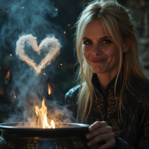 A close-up shot of a slender, blonde woman smiling with blue eyes, depicted as a powerful dark mage. She is performing a love-binding spell over a magical cauldron. Her expression is focused and intense as she channels dark energy into the spell. From the cauldron, a mystical cloud rises, forming the shape of a couple kissing, symbolizing the love spell taking effect. The mage is dressed in dark, elegant robes, with intricate, glowing patterns that reflect her mastery of dark magic. The cauldron is detailed with ancient runes and emits a soft, ominous glow. The background is dimly lit, keeping the focus on the mage, the cauldron, and the cloud shaped like a kissing couple. The image should be rendered in ultra-high resolution (8K or higher) with exceptional detail, capturing the texture of the mage's skin, the glow of the magical elements, and the delicate features of the cloud couple. Use realistic lighting to enhance the atmosphere, ensuring no blurring, pixelation, or artifacts.