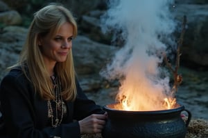 A close-up shot of a slender, Happy blonde woman with blue eyes, smilong, depicted as a powerful dark mage. She is performing a love-binding spell over a magical cauldron. Her expression is focused and intense as she channels dark energy into the spell. From the cauldron, a mystical cloud rises, forming the shape of a couple kissing, symbolizing the love spell taking effect. The mage is dressed in dark, elegant robes, with intricate, glowing patterns that reflect her mastery of dark magic. The cauldron is detailed with ancient runes and emits a soft, ominous glow. The background is dimly lit, keeping the focus on the mage, the cauldron, and the cloud shaped like a kissing couple. The image should be rendered in ultra-high resolution (8K or higher) with exceptional detail, capturing the texture of the mage's skin, the glow of the magical elements, and the delicate features of the cloud couple. Use realistic lighting to enhance the atmosphere, ensuring no blurring, pixelation, or artifacts.