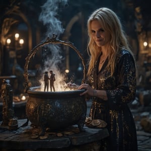 In a dimly lit chamber, a statuesque blonde woman with piercing blue eyes, smiling reflect,  dressed in elegant dark robes adorned with intricate glowing patterns, focuses intently on performing a love-binding spell over an ancient cauldron emitting a soft, ominous glow. Her slender hands grasp the cauldron's rim as she channels dark energy into the mystical brew. A wispy cloud rises from the cauldron, taking shape as a tender couple embracing in mid-air. The mage's features are captured with utmost detail: her skin texture, facial expressions, and delicate features. Rendered in ultra-high resolution (8K+), this image showcases exceptional realism, with no blurring, pixelation, or artifacts, highlighting the mystical atmosphere and the powerful dark mage's mastery of her craft.