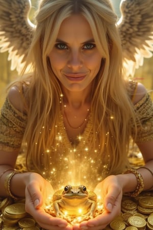 A close-up, sharply focused portrait of a slender, beautiful blonde woman with striking blue eyes, depicted as a powerful mage standing alongside Archangel Michael. Her blue eyes are exceptionally vivid and clear, reflecting the depth and intensity of her magical work. She is smiling with happiness, radiating joy as she performs a ritual with Chan Chu, the golden Chinese money toad. Archangel Michael, with his majestic wings spread wide and a powerful presence, stands beside her, emanating a protective and divine aura. He is clad in radiant armor, holding his sword of light, which adds a sense of strength and guardianship to the scene. The mage is surrounded by elements of prosperity and wealth, with Chan Chu prominently featured in the center of the scene, surrounded by glowing gold coins and mystical symbols. Ethereal halos of gold and rich, radiant light form intricate patterns around her, Archangel Michael, and the toad, enhancing the magical, protective, and prosperous atmosphere. Magical elements include floating coins, shimmering energy flows, and symbols of abundance and good fortune. Her hands are delicately positioned, channeling energy toward Chan Chu, with soft, luminous light and mystical runes emanating from her palms. The background is softly blurred to keep the focus on her, Archangel Michael, and the detailed ritual elements. The image should be rendered in ultra-high resolution (8K or higher) with exceptional detail, capturing the texture of her skin, the clarity of her blue eyes, the divine presence of Archangel Michael, the richness of the golden toad and coins, and the intricate magical elements. Use realistic lighting to emphasize the magical, divine, and prosperous ambiance, ensuring no blurring, pixelation, or artifacts.