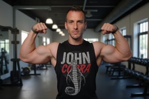 A fit, muscular man striking a double biceps pose in a well-lit gym, proudly wearing a sleeveless t-shirt with a bold John Cobra logo. The shirt is tight-fitting, emphasizing his strong arms, chest, and shoulders, while the striking John Cobra design adds an edgy, rebellious vibe to the image. His biceps are flexed, with veins visible, and his confident smile adds personality to the pose. The background features a clean gym setting with equipment and mirrors, and soft, professional lighting that highlights the muscle definition and creates a sharp, high-resolution image perfect for social media profiles