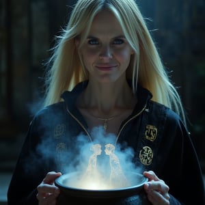 A close-up shot of a slender, blonde woman smiling with blue eyes, depicted as a powerful dark mage. She is performing a love-binding spell over a magical cauldron. Her expression is focused and intense as she channels dark energy into the spell. From the cauldron, a mystical cloud rises, forming the shape of a couple kissing, symbolizing the love spell taking effect. The mage is dressed in dark, elegant robes, with intricate, glowing patterns that reflect her mastery of dark magic. The cauldron is detailed with ancient runes and emits a soft, ominous glow. The background is dimly lit, keeping the focus on the mage, the cauldron, and the cloud shaped like a kissing couple. The image should be rendered in ultra-high resolution (8K or higher) with exceptional detail, capturing the texture of the mage's skin, the glow of the magical elements, and the delicate features of the cloud couple. Use realistic lighting to enhance the atmosphere, ensuring no blurring, pixelation, or artifacts.