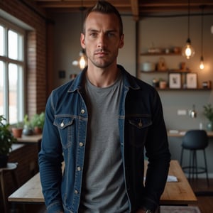 A hyper-realistic, waist-up portrait of Man, exuding calm confidence and grounded strength. The subject is dressed in a fitted, dark blue denim jacket layered over a simple, grey crew-neck T-shirt, showcasing his muscular build without being overly flashy. The background is a cozy, modern loft apartment with exposed brick walls, wooden beams, and soft lighting from a nearby window, creating a warm, inviting atmosphere. The natural light highlights the subject’s sharp facial features and physique in a subtle, flattering way. Shot with an 85mm lens at f/1.4, the focus is sharp on the subject’s relaxed yet attentive gaze, while the apartment setting is softly blurred to maintain focus on Man.

A soft, natural glow surrounds the subject, enhancing the warm, comfortable environment. The overall image should convey strength, approachability, and a sense of being down-to-earth, blending modern style with a relaxed, realistic setting.