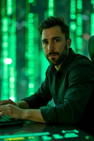 A hyper-realistic, medium shot of an athletic man with dark hair and a neatly trimmed beard, sitting confidently at a sleek, futuristic desk. He is coding advanced artificial intelligence algorithms, with the computer turned slightly to the side. His gaze is directed straight at the camera, creating an intense, engaging connection with the viewer. The scene is set in a Matrix-inspired environment, with cascading green code flowing in the background and neon lights casting a cyberpunk glow across the room. Digital patterns and holographic displays float subtly around him, blending the real and virtual worlds. The man’s focused expression contrasts with the abstract, high-tech surroundings, as green and black tones dominate the scene, reflecting the complex interaction between human and AI.
