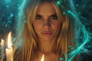 A close-up, sharply focused portrait of a slender, beautiful blonde woman with striking blue eyes, depicted as a powerful sorceress performing a mystical ritual to rekindle the love between a couple. Her blue eyes are exceptionally vivid and clear, reflecting the intense magic and emotion of the ritual. She is surrounded by glowing candles and intricate arcane symbols, with a magical aura enveloping her. The ritual involves elements of air, represented by swirling gusts and delicate, wispy tendrils of transparent, turquoise light. These air elements create ethereal halos of turquoise around the sorceress and form intricate patterns in the air. Her hands are raised, channeling energy into the spell, with soft, shimmering light and swirling mystical symbols emanating from her palms. The background is softly blurred to maintain focus on her and the detailed ritual elements. The image should be rendered in ultra-high resolution (8K or higher) with exceptional detail, capturing the texture of her skin, the clarity of her blue eyes, the warm glow of the candles, and the intricate details of the turquoise halos and air elements. Use realistic lighting to enhance the magical and romantic atmosphere, ensuring no blurring, pixelation, or artifacts.