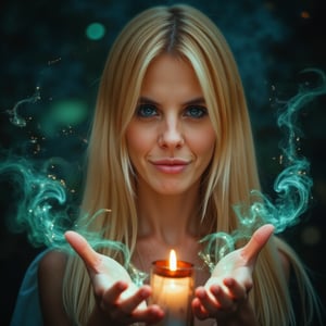 A breathtaking 8K+ portrait of a ravishing blonde sorceress, smiling,  radiating mystical power as she revives love's spark. Her piercing blue eyes, like sapphires, shine with intense magic and emotion, surrounded by warm candlelight and arcane symbols. Turquoise wisps swirl around her, forming ethereal halos and intricate patterns. Raised hands channel energy, releasing shimmering light and mystical symbols from palms. Soft focus on the sorceress and ritual elements, with blurred background to maintain visual intimacy.