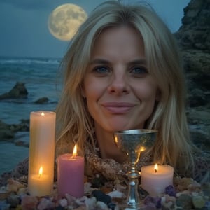 A close-up, sharply focused portrait of a slender, beautiful blonde woman with striking blue eyes and smiling, depicted as a powerful mage performing a Full Moon spell to enhance love, prosperity, and the manifestation of desires. Her blue eyes are exceptionally vivid and clear, glowing with the energy of the moonlight.Luna llena: The Full Moon is prominently featured in the background, occupying a significant portion of the sky, its surface glowing with intricate details of craters and lunar textures. The moonlight cascades down, enveloping the mage in a soft, silvery glow, enhancing the mystical atmosphere.Ritual Elements:Moonlight Chalice: In one hand, she holds a silver chalice filled with moonlit water, shimmering with magical energy. The water reflects the Full Moon, intensifying the ritual's power.Candles: Surrounding her are candles in shades of pink, gold, and white, representing love, prosperity, and purity. These candles are lit and burning brightly, their flames flickering in sync with the moon's energy.Crystal Grid: At her feet lies a carefully arranged crystal grid, with rose quartz for love, citrine for prosperity, and clear quartz for manifesting desires. The crystals glow softly, reflecting the light of the moon and the magical energy of the ritual.Written Intentions: Small pieces of parchment with handwritten intentions are placed within the crystal grid, each representing a wish she intends to manifest under the Full Moon's power.Lunar Aura: The mage is surrounded by a lunar aura—a glowing, silver-blue light that pulses with the rhythm of the moon, amplifying the potency of her spell. This aura is infused with symbols of the moon and stars, swirling around her in a protective, energizing halo.The Full Moon is central to the composition, its light reflecting in the mage's vivid blue eyes and enhancing every aspect of the ritual. The mage stands in a majestic pose, her eyes locked onto the Moon as if drawing down its power directly into her spell.The background is softly blurred, keeping the focus on the mage, the Full Moon, and the powerful ritual elements. The image should be rendered in ultra-high resolution (8K or higher) with exceptional detail, capturing the moon’s surface, the clarity of her eyes, and the shimmering light of the ritual. Use realistic lighting to emphasize the connection between the mage and the Full Moon, ensuring no blurring, pixelation, or artifacts.