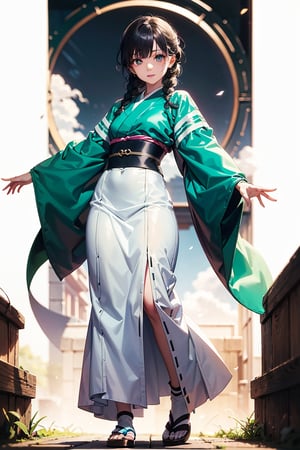 Character Female, white and green Japanese style clothing, descending from the sky, background shines only around the woman, 20 year old beauty, short black hair, delicate braids framing her face. Her eyes are bright orange, giving the impression of vivacity and curiosity. She is around 1.60 meters tall and of medium height, with a youthful and attractive appearance.