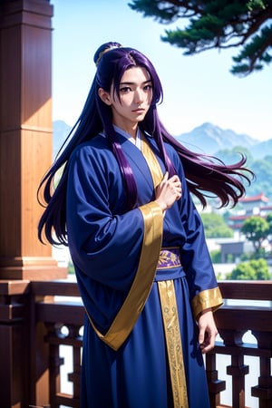 Masterpiece, Top Quality, High Definition, 1 Young Man Mr. Jin (long purple hair, hair flowing in the wind), male focus, looking at viewer, long sleeves, wide sleeves, dark blue china dress