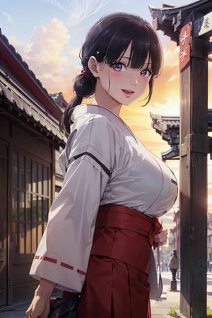 (1pony tail girl:1.3,  solo),  (shop girl),  (upper body:1.3),  (standing at Japanese ancient Temple,  Torii background:1.3),  (((starring at the viewer:1.5))),  (leaning forward:1.3),  BREAK,  1girl,  solo,  milf,  European girl,  hot model,  (attractive model:1.37),  (promotional model:1.2),  highly detailed eyes and pupils,  realistic skin,  ((attractive body,  gigantic breast:1.38,  disproportionate breasts:1.38,  thin waist:1.15)),  ((pony-tail:1.5)),  pony tail hair,  (shiny-black hair:1.3),  extremely detailed hair,  delicate sexy face,  sensual gaze,  shiny lips,  BREAK,  (miko uniform:1.3),  red hakama skirt:1.3), (white sleeves:1.2), (japanese clothes:1.0),  detailed clothes,  BREAK,  (blurry background:1.25,  simple background,  no-human background,  detailed background),  (under sunset:1.37),  BREAK,  (attractive posing),  ((realistic,  super realistic,  realism,  realistic detail)),  perfect anatomy,  perfect proportion,  bokeh,  depth of field,  hyper sharp image,  (attractive emotion,  seductive smile:1.2,  happy:1.2,  blush:1.2,  :d:1.2,  :p:1.2),  4fingers and thumb,  perfect human hands,  wind,  BREAK,  (Masterpiece,  best quality,  photorealistic,  highres,  photography,  :1.3),  ultra-detailed,  sharp focus,  professional photo,  commercial photo, 1 girl, 