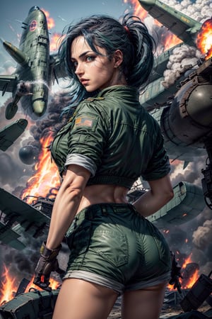 clearire1,female_soldier,gloves,blue_hair,green_short_jacket,green_short,forest,1girl,More Detail,king_of_fighters,,bomber plane,fire,dire,
,More Detail, 1girl,detailed_face,detailed_hair,detailed_eyes,full_body,BOTTOM VIEW,BACK VIEW