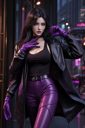 KafkaOutfit,SHIRT,black  jacket,Purple gloves,yelandef,1 girls,female_angent,jacket,black_hair,shiny skin,ultra detailed,perfect face, detailed face,full_body,wraist,detailed_background,fullbody,highquality,street,glasses,leather skirt,night,purple_aura