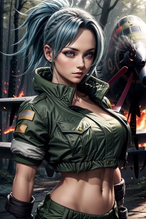 clearire1,female_soldier,gloves,blue_hair,green_short_jacket,green_short,forest,1girl,More Detail,king_of_fighters,,bomber plane,fire,dire,
,More Detail, 1girl,detailed_face,detailed_hair,detailed_eyes,full_body