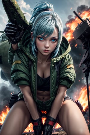 clearire1,female_soldier,gloves,blue_hair,green_short_jacket,green_short,forest,1girl,More Detail,king_of_fighters,,bomber plane,fire,dire,
,More Detail, 1girl,detailed_face,detailed_hair,detailed_eyes,full_body,BOTTOM VIEW