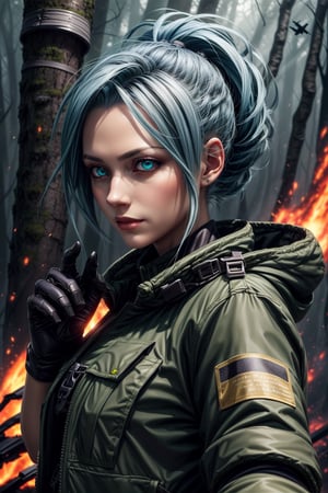 clearire1,female_soldier,gloves,blue_hair,green_short_jacket,green_short,forest,1girl,More Detail,king_of_fighters,,bomber plane,fire,dire,
,More Detail, 1girl,detailed_face,detailed_hair,detailed_eyes