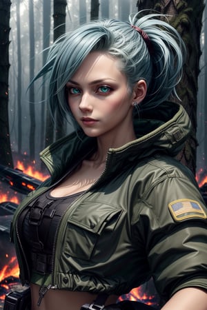 clearire1,female_soldier,gloves,blue_hair,green_short_jacket,green_short,forest,1girl,More Detail,king_of_fighters,,bomber plane,fire,dire,
,More Detail, 1girl,detailed_face,detailed_hair,detailed_eyes,full_body