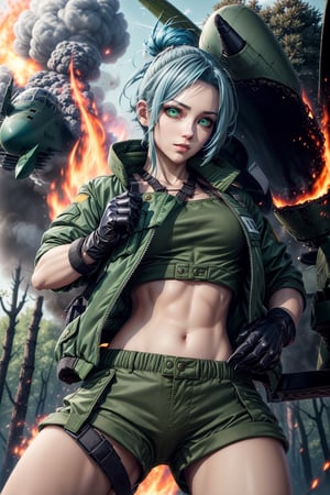 clearire1,female_soldier,gloves,blue_hair,green_short_jacket,green_short,forest,1girl,More Detail,king_of_fighters,,bomber plane,fire,dire,
,More Detail, 1girl,detailed_face,detailed_hair,detailed_eyes,full_body,BOTTOM VIEW