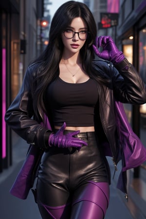 KafkaOutfit,SHIRT,black  jacket,Purple gloves,yelandef,1 girls,female_angent,jacket,black_hair,shiny skin,ultra detailed,perfect face, detailed face,full_body,wraist,detailed_background,fullbody,highquality,street,glasses,leather skirt,night,purple_aura,Side view