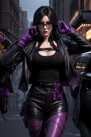 KafkaOutfit,SHIRT,black  jacket,Purple gloves,yelandef,1 girls,female_angent,jacket,black_hair,shiny skin,ultra detailed,perfect face, detailed face,full_body,wraist,detailed_background,fullbody,highquality,street,glasses,leather skirt,night