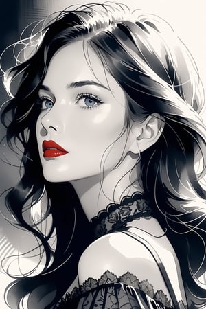 pencil Sketch of a beautiful mature woman 25 years old, with black hair, alluring, portrait by Charles Miano, ink drawing, illustrative art, soft lighting, detailed, more Flowing rhythm, elegant, low contrast, upper body, add soft blur with thin line, red lipstick, blue eyes.,aesthetic portrait