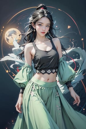 extreme detailed, (masterpiece), (top quality), (best quality), (official art), (beautiful and aesthetic:1.2), (stylish pose), (1 woman), (colorful), (multicolor theme: 1.5), ppcp, medium length skirt, randdom pose, looking into distance, long wave black hair, show navel, random graceful pose, wearing a white tank top with lace, upper body, 
perfect,ChineseWatercolorPainting,Chromaspots,fairy,pastelbg,1girl,Half Color,neon background,gongbiv