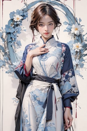 extreme detailed, (masterpiece), (top quality), (best quality), (official art), (beautiful and aesthetic:1.2), (stylish pose), (1 woman), (colorful), (burgundy-blue white theme: 1.5), ppcp, medium length skirt, 	looking into distance, long wave black hair, 
perfect,ChineseWatercolorPainting,Chromaspots,fairy,pastelbg,ink,NJI BEAUTY,red dress,adress2