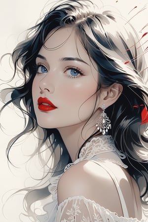 pencil Sketch of a beautiful mature woman 25 years old, with black hair, alluring, portrait by Charles Miano, ink drawing, illustrative art, soft lighting, detailed, more Flowing rhythm, elegant, low contrast, add soft blur with thin line, red lipstick, blue eyes.,aesthetic portrait