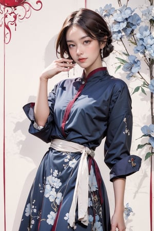 extreme detailed, (masterpiece), (top quality), (best quality), (official art), (beautiful and aesthetic:1.2), (stylish pose), (1 woman), (colorful), (burgundy-blue white theme: 1.5), ppcp, medium length skirt, 	looking into distance, long wave black hair, 
perfect,ChineseWatercolorPainting,Chromaspots,fairy,pastelbg,ink,NJI BEAUTY,red dress,adress2