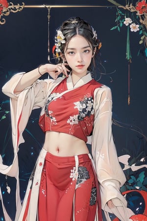 extreme detailed, (masterpiece), (top quality), (best quality), (official art), (beautiful and aesthetic:1.2), (stylish pose), (1 woman), (colorful), (multicolor theme: 1.5), ppcp, medium length skirt, randdom pose, looking into distance, long wave black hair, show navel, random graceful pose, wearing a white tank top with lace, upper body, 
perfect,ChineseWatercolorPainting,Chromaspots,fairy,pastelbg,1girl,Half Color,neon background,gongbiv,red dress