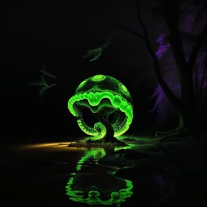 Shot from a low angle, capturing the eerie ambiance of a moonlit swamp. A twisted, pulsing monstrous  emerald green blob emerges from the murky waters, its tendrils squirming like snakes as it slowly ascends onto dry land. The surrounding foliage is dark and foreboding, with only the occasional flicker of fireflies breaking the inky blackness. The blob's luminescent glow illuminates the surroundings, casting an otherworldly sheen on the scene.