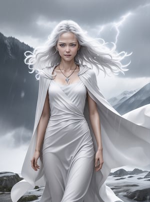 Portrait of a beautiful young woman, very small breasts, long white hair, slightly  smiling, wearing a grey dress and grey cloak,  silver necklace, silver crown, wet clothes, standing on a mountain during a storm,  lightning storm, very windy,  heavy rain,  hair blowing in the wind, clothes blowing in the wind, photo of perfecteyes eyes, ,lghtnngprsn,Snow