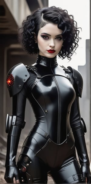 A full body shot of a young goth woman, short black curly hair, slightly smiling, one raised eyebrow, wearing a black metal cyborg suit , red lips, dark eye makeup, dark future battlefield  background,