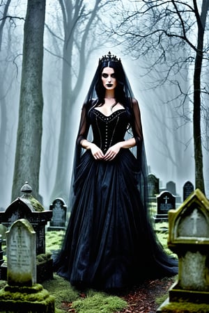 In an ultra-high resolution masterpiece, the beautiful demonic Queen, dressed in black with black hair and wearing a full length skirt, she emerges from the dense fog, shrouded in mystery, amidst the eerie silence of a damp gothic graveyard. Thick, velvety moss blankets every gravestone, tombstone, and mausoleum, as if nature's own funeral veil. The heavy fog swirls around her, like wispy ghosts dancing to an otherworldly melody, casting an ethereal glow on her porcelain skin. Her piercing eyes gleam like moonlit jewels, illuminating the dark surroundings as she glides effortlessly through the misty veil, her long black hair flowing around her like a dark river of secrets.