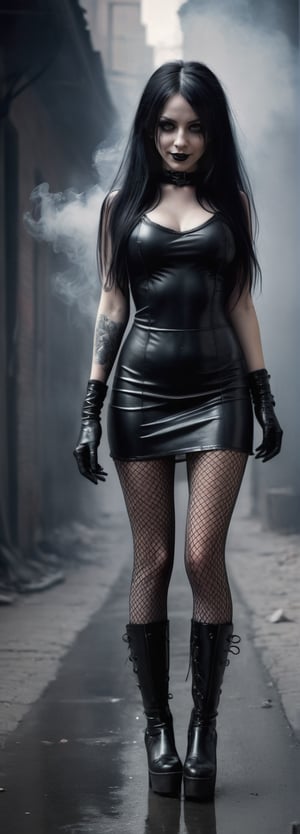 Create a cinematic shot of a realistic, full-length girl. The girl has long black hair, a smile, and is wearing a short skirt, shirt, fishnet tights, lace gloves and high boots. She looks at the viewer as she walks alone down a smoke filled hellish street with thick smoke curling around her feet creating a sense of movement.  Capture the highest quality scene detail at its extreme, using light to its full potential. Make sure the end result is 32K Ultra HD to showcase creativity and realism.  rubber_hose_character, LegendDarkFantasy,  goth person, latex princess