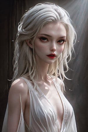 A mysterious femme fatale emerges from the shadows. A single girl stands out against a dark smokey background, her porcelain-perfect pale skin glowing like a beacon of innocence. She wears a flowing white dress that billows behind her, its ethereal folds illuminated by a subtle spotlighting effect. The overall composition is one of dramatic contrast, with the girl's delicate features and pristine attire juxtaposed against the dark, foreboding background.