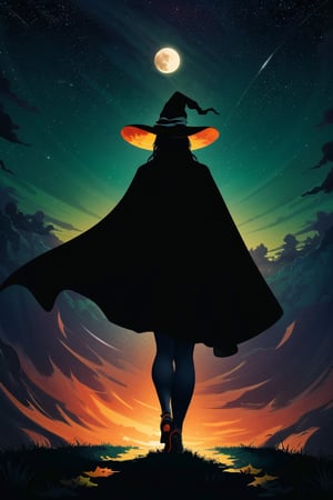 A minimalist design with a vintage touch, featuring a cool, beautiful and stylish female witch with a black witches hat and flowing black cape, her full body shown in sillouette from behind, camera from the back, awesome and bright colors, long flowing hair, autumnal leaves floating around her body, dynamic pose, hands hidden, walking away from the viewer through rolling green hills towards a beautiful sunset sky with a silvery full moon and vividly coloured stars and nebulae in the sky, ultra-detailed, best quality, absurdres, masterpiece