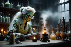 A dimly lit medieval laboratory, shrouded in an eerie haze of smoke and chemical fumes. The beautiful but mad Madame Frankenstein, her wild white locks tangled, dons a stained lab coat, thick rubber gloves, and goggles as she stirs a bubbling concoction at the worn wooden table. Cobwebs cling to rusty equipment, while dust motes dance in the faint light. The air is heavy with the acrid scent of burning chemicals, and the walls seem to press in, oppressive. In this foreboding space, Madame Frankenstein's intense focus on her mysterious experiment is illuminated by the faint glow of candles and the soft hiss of Bunsen burners.