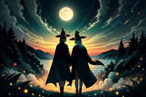 A minimalist design with a vintage touch, featuring two cool, beautiful and stylish female witches, holding hands, wearing pointy black witches hats and flowing black capes, their full bodies shown in sillouette from behind, camera from the back, awesome and bright colors, long flowing hair, autumnal leaves floating around her body, dynamic pose, hands hidden, walking away from the viewer through rolling green hills towards a beautiful sunset sky with a silvery full moon and vividly coloured stars and nebulae in the sky, ultra-detailed, best quality, absurdres, masterpiece