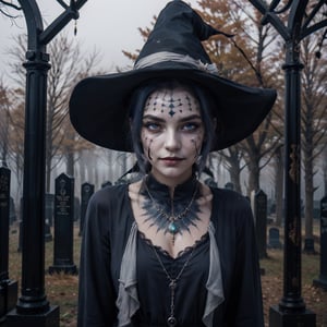 A pretty young witch, with dark blue hair, grey eyes, witches hat, slightly smiling, silver necklace, occult jewellery, in a foggy graveyard ,photo of perfecteyes eyes, looking at viewer ,xyzgg body paint