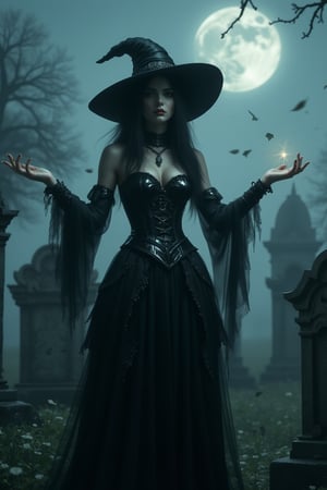 In a misty, moonlit cemetery, a ravishing goth witch stands out amidst the ancient tombstones. She's attired in black leather corsetry, a black witches hat and flowing lace, her wild dark hair spreading around her . The eerie fog swirls around her as her hands cast a spell in the air, her eyes aglow in the darkness.