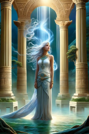 Ultra-realistic depiction: A delicate, petite pale skinned maiden stands before the ancient Atlantean temple, her flowing blue locks cascading down her back like a river of night. She wears translucent white robes that cling to her skin and shimmer in the soft, golden light emanating from within the temple's walls. Barefoot and unencumbered, she steps out into the lush greenery, her feet sinking slightly into the earth as if savoring the moment.  She smiles slightly at the viewer. The temple's intricately carved facade rises behind her, its columns and arches bathed in a warm, ethereal glow.