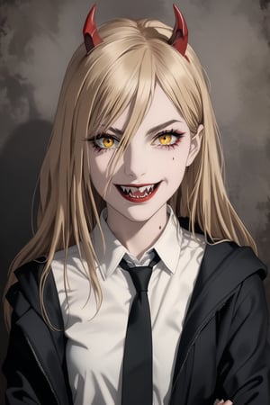 power_v1 a highly detailed realistic portrait of a pretty girl with long blonde hair, yellow eyes, small red horns, sharp pointy teeth and vampire fangs, wearing a white shirt, black tie and untidy black jacket, smiling, arms folded